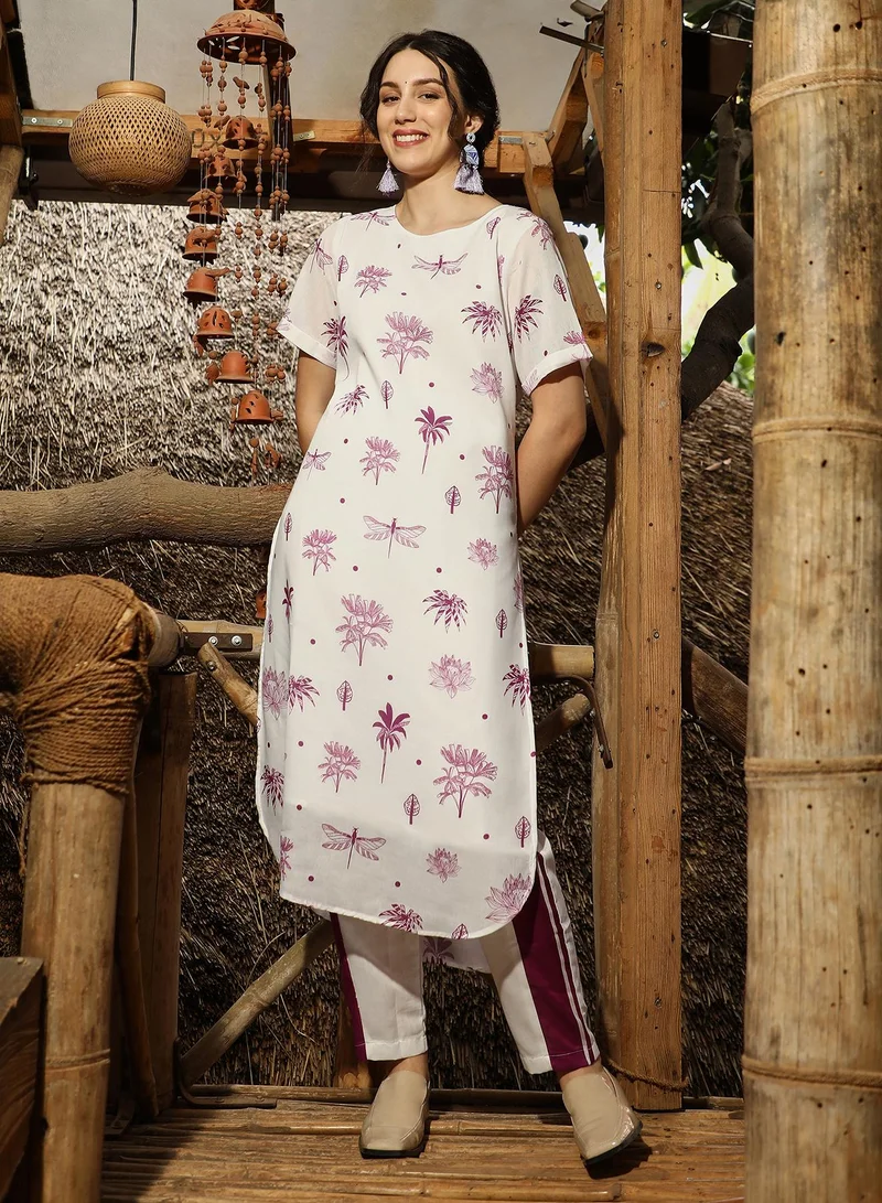 QISSA Women's Plum Purple Dragonfly Palm Kurta With Trousers For Casual Wear | Round Neck | Short Sleeves | 2 Piece Kurta Set Designed With Comfort Fit For Everyday Ethnic Wear